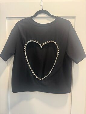 Area NYC Black Crop Tee with Heart Cutout and Rhinestone Trim